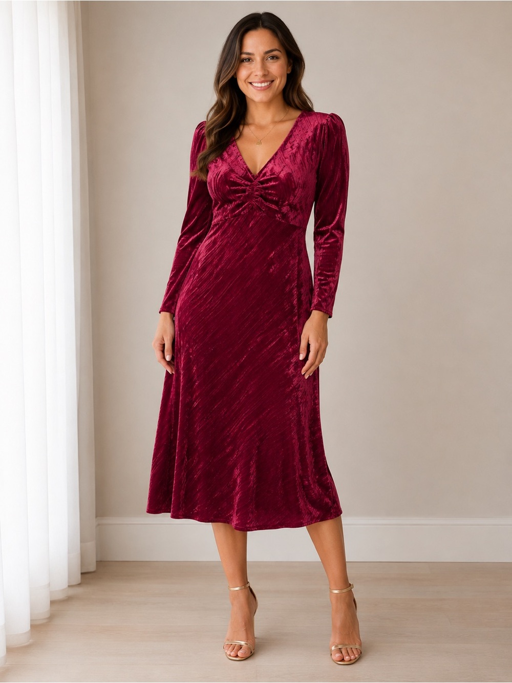 Lucy Paris Cranberry Berry Velvet Midi Dress Medium Long Sleeve NWT $150